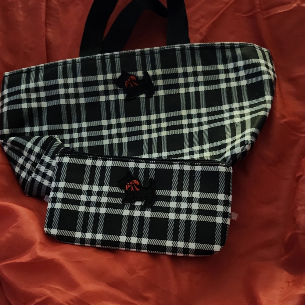 Black & White Plaid Tote and Pouch Set with Scottie Dog Motif